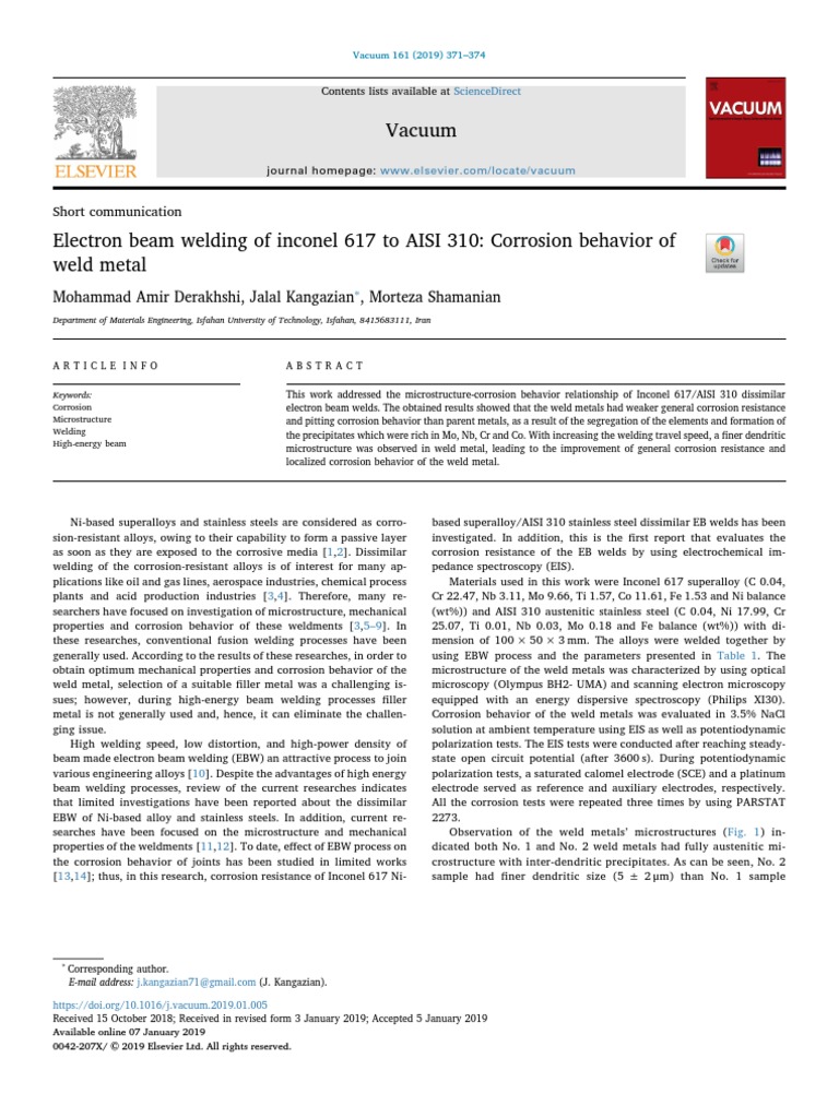 Electron Beam Welding of Inconel 617 To AISI 310 - Corrosion Behavior ...