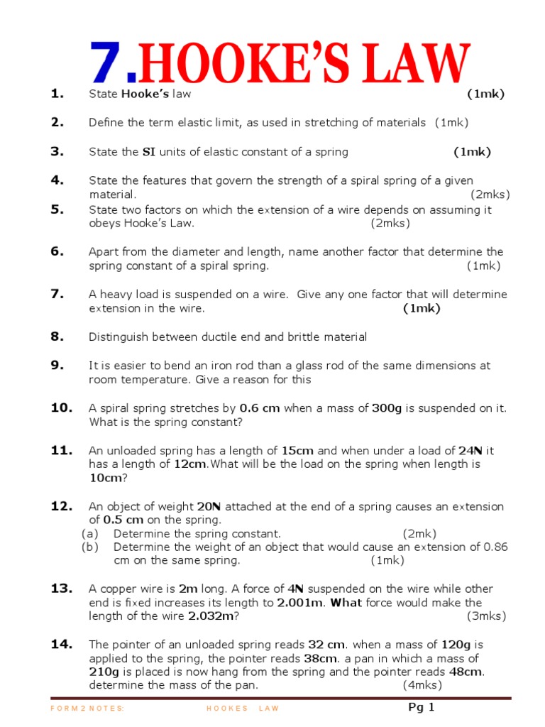 Form 2 Notes Hookes Law Pdf Force Mass