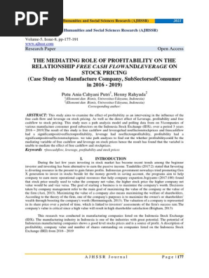 THE MEDIATING ROLE OF PROFITABILITY ON THE RELATIONSHIP FREE CASH FLOWANDLEVERAGE ON STOCK PRICING (Case Study on Manufacture Company, SubSectorsofConsumer in 2016 – 2019)