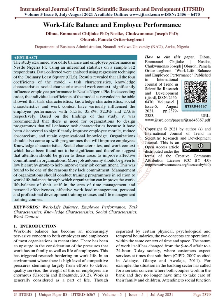Work Life Balance and Employee Performance | PDF | Regression Analysis ...