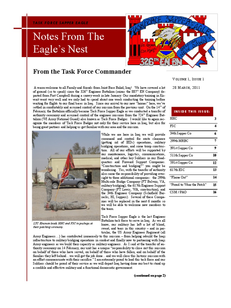 Task Force Sapper Eagle Update | PDF | Company (Military Unit) | Iraqi Army