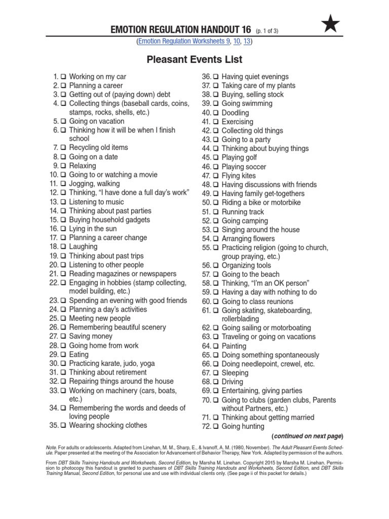 Emotion Regulation Handout 16 Pleasant Events List PDF Dialectical