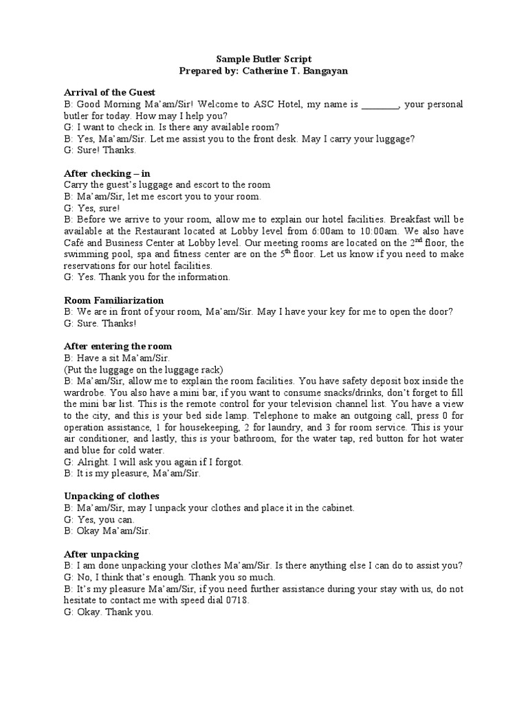 Sample Butler Script Prepared By Catherine T. Bangayan Arrival of The