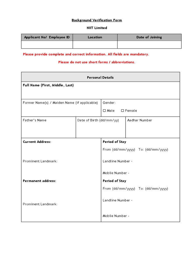 NIIT Background Verification Form | PDF | Employment | Government