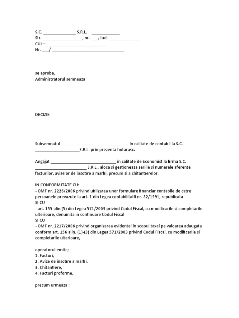 Model Decizie Pentru Numar Si Serie Facturi, Si Numire Responsabil | PDF