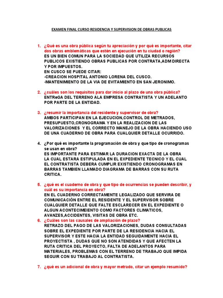 Examen Final Curso Residencia y Supervision de Obras Publicas | PDF ...