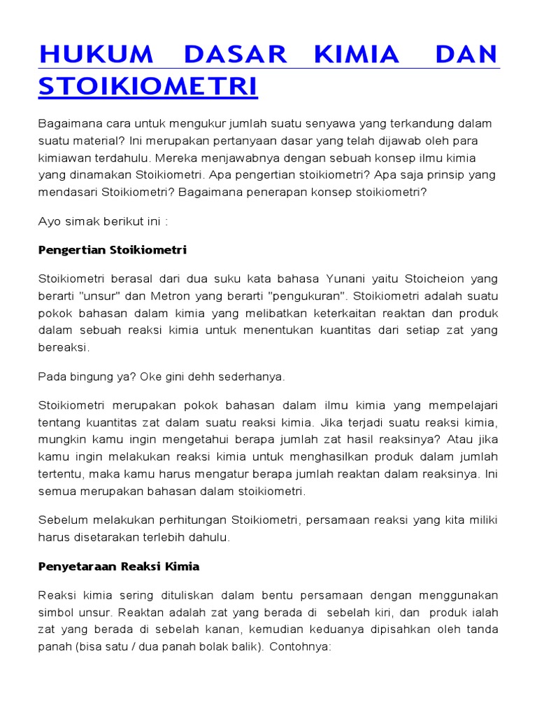 Hukum Dasar Kimia Dan Stoikiometri | PDF