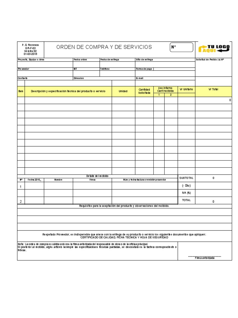 Formato de Orden de Compra y Servicios | PDF