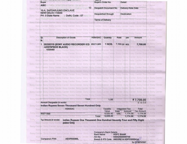 Sony Invoice for Audio Recorder Purchase | PDF