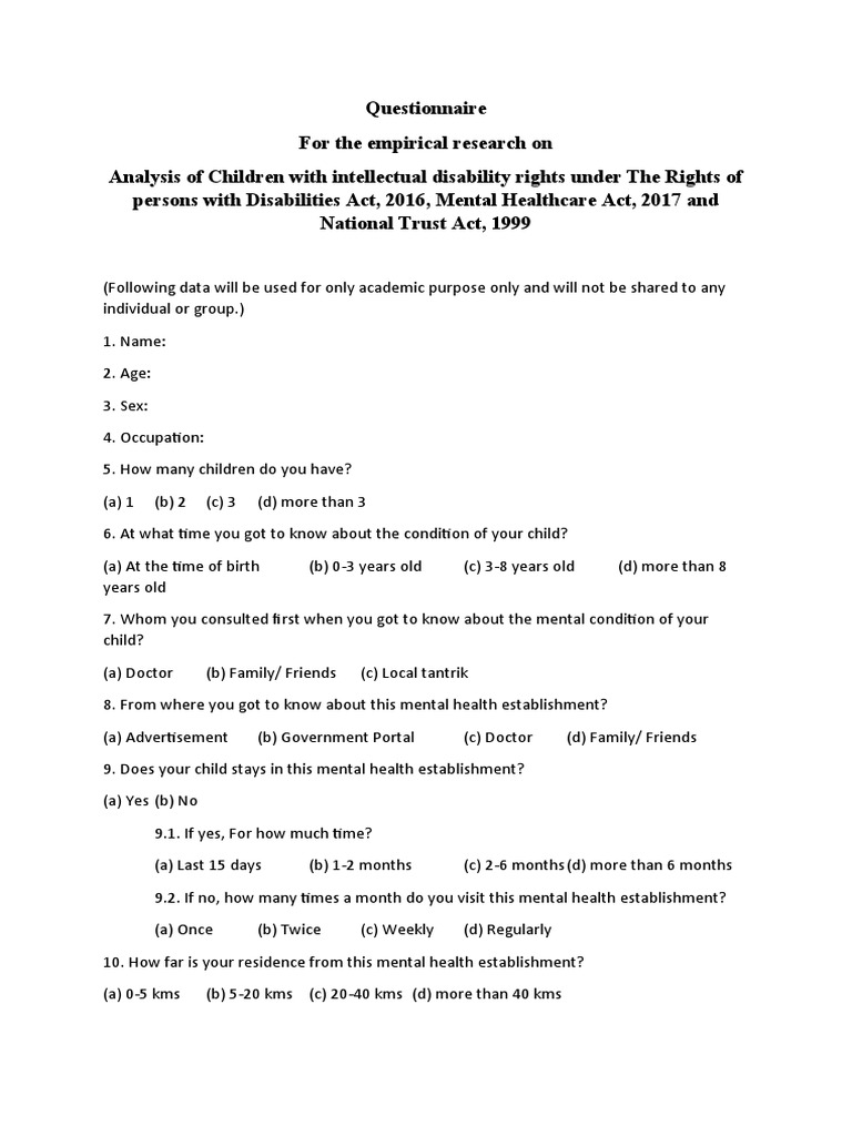 Questionnaire on Disability Rights Awareness | PDF | Mental Health ...