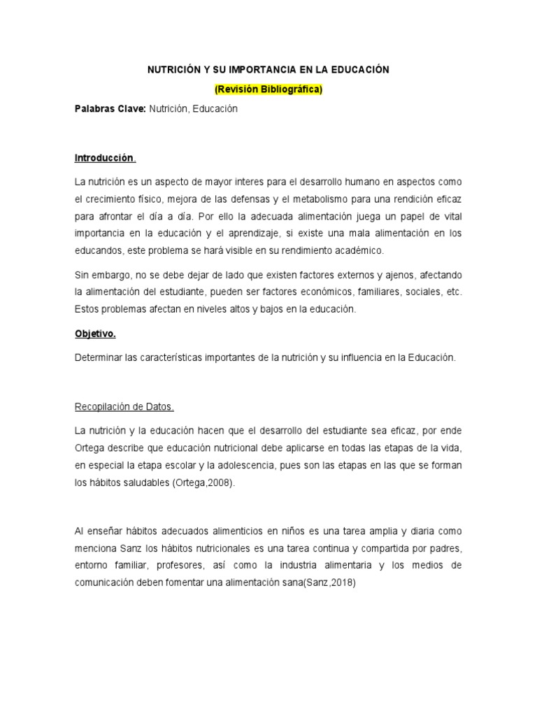 Nutrición y Su Importancia en La Educación | PDF | Nutrición | Dieta y ...
