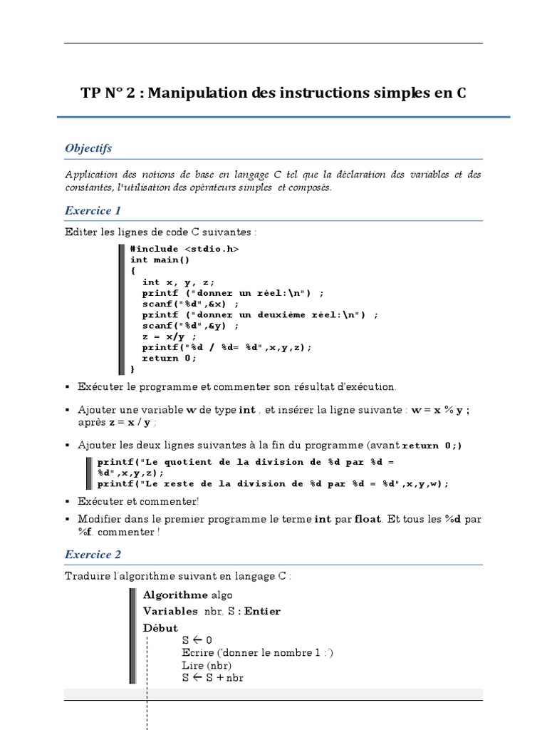TP 2 Manipulation Des Instructions Simples en C | PDF | Programme ...