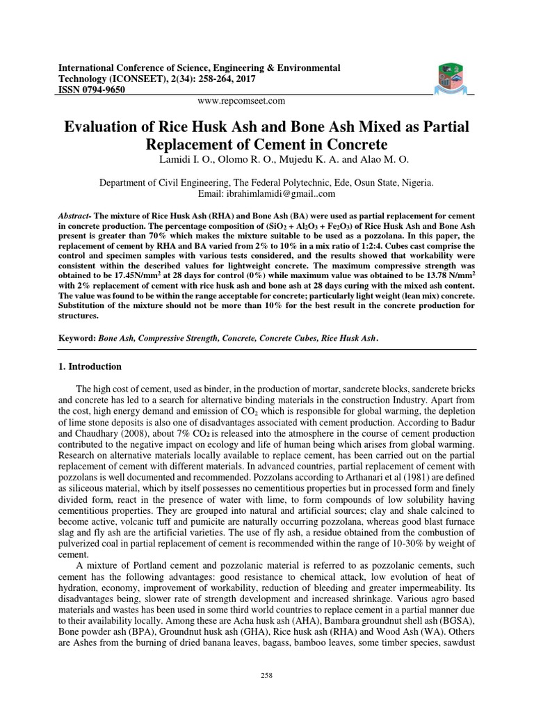 Evaluation of Rice Husk Ash and Bone Ash Mixed As Partial Replacement ...