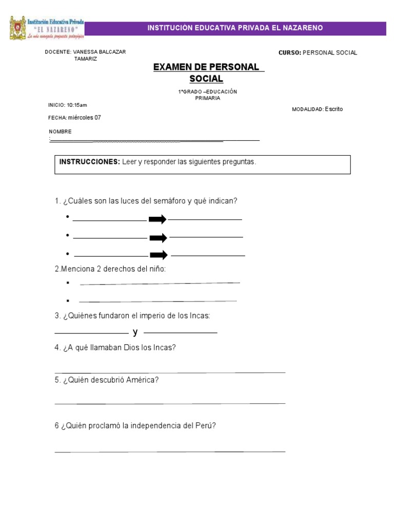 Examen de Personal Social 1° Grado | PDF