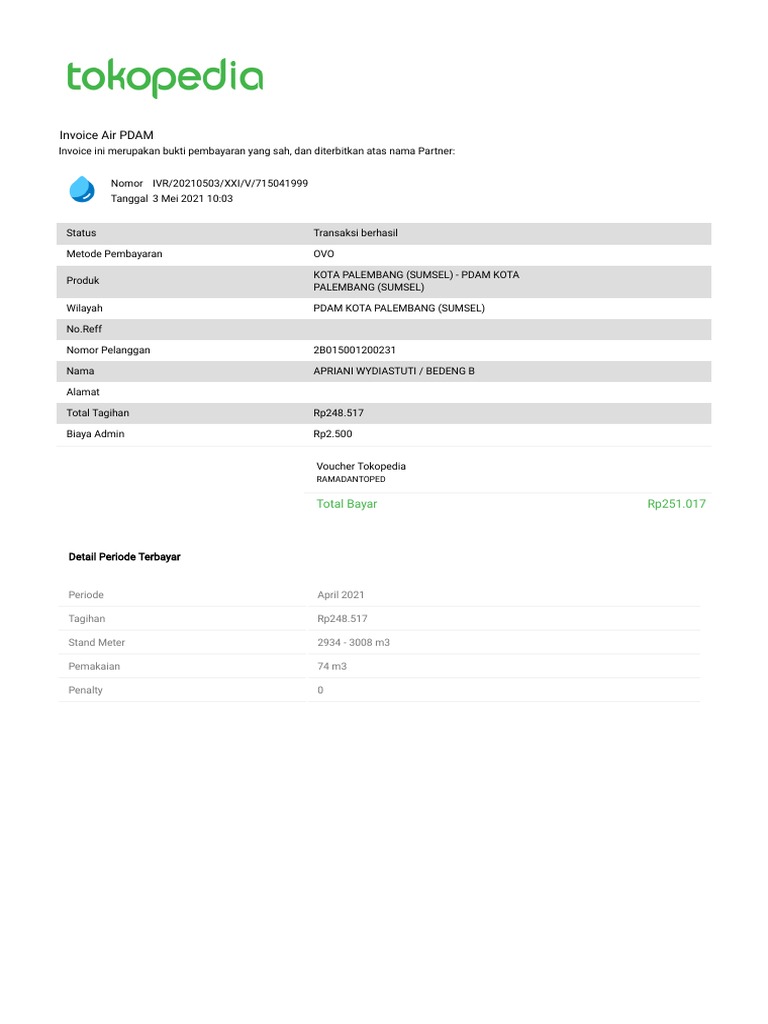 Invoice Pembayaran Air PDAM Palembang | PDF