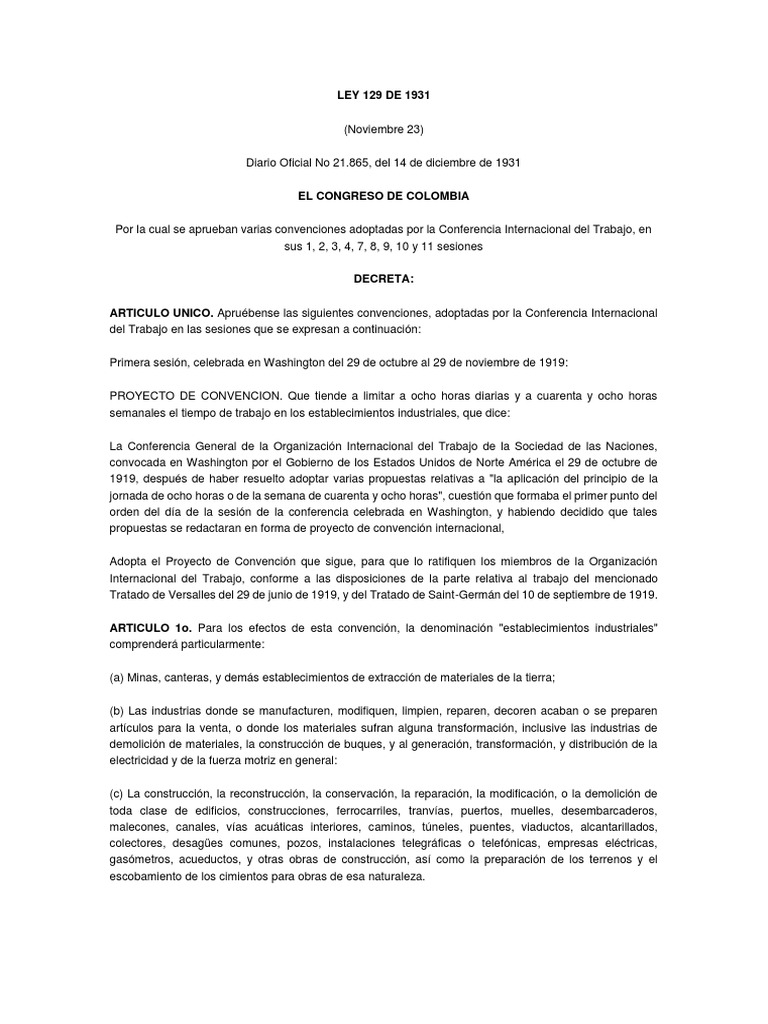 Ley 129 de 1931: Convenciones Laborales | PDF | Organización ...