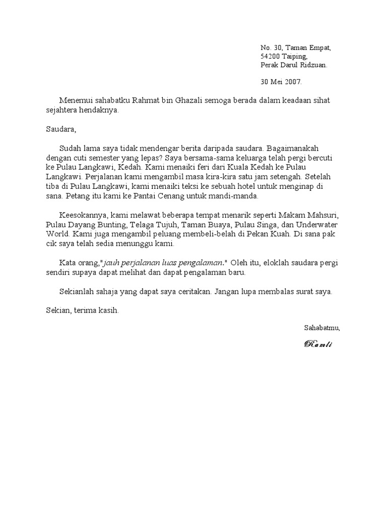 Contoh surat kiriman tidak rasmi(surat ke pulau langkawi 