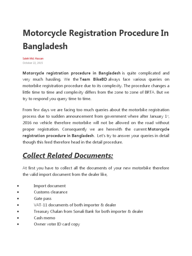 Motorcycle Registration Procedure in Bangladesh PDF Vehicle
