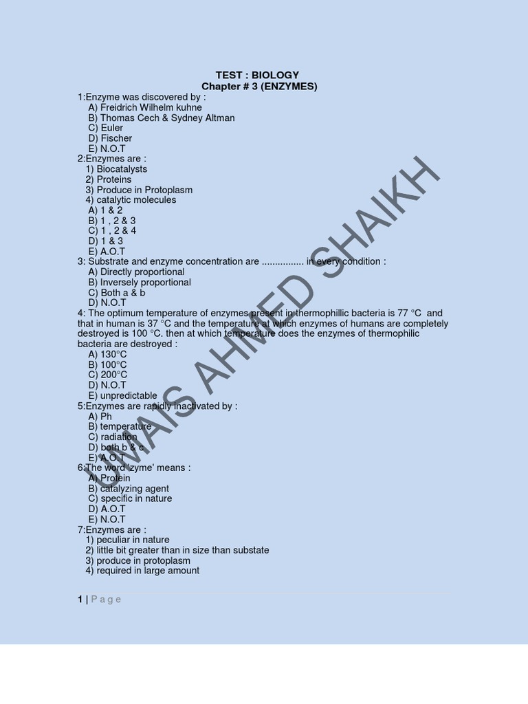 Chapter # 3 (ENZYMES) : Test: Biology | PDF | Enzyme | Enzyme Inhibitor