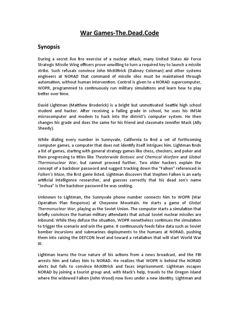 War Games: The Dead Code Plot Summary | PDF | Wargames | Nuclear Warfare