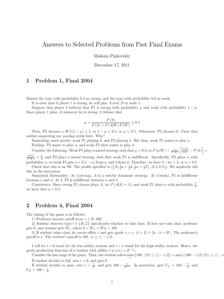 Final Exam Problem Solutions Analysis | PDF | Mathematical Economics ...