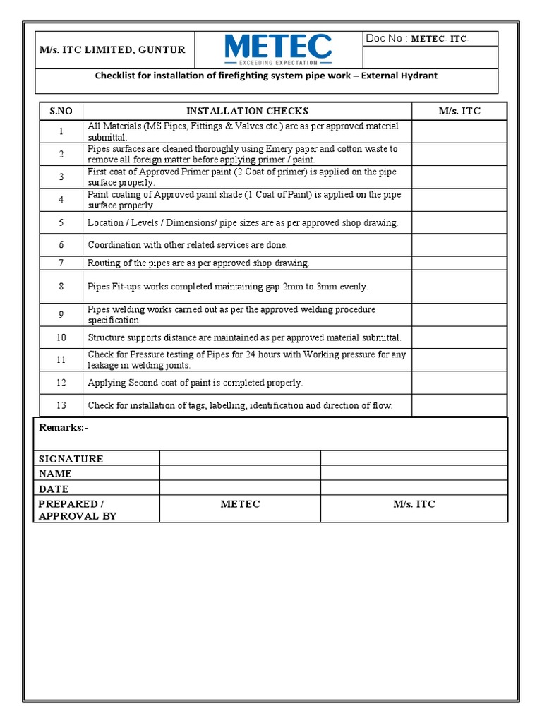 Installation of Fire Fighting System Pipe Work (Above Ground) | PDF ...