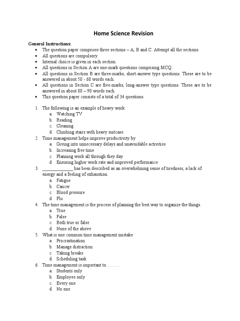 Home Science Revision Question Paper | PDF | Foods | Food Preservation