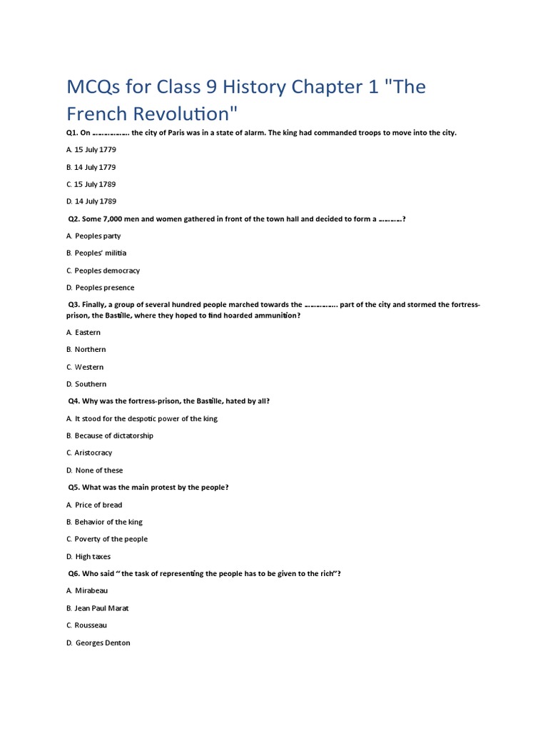 Class 9 French Revolution MCQs | PDF | France | French Revolution