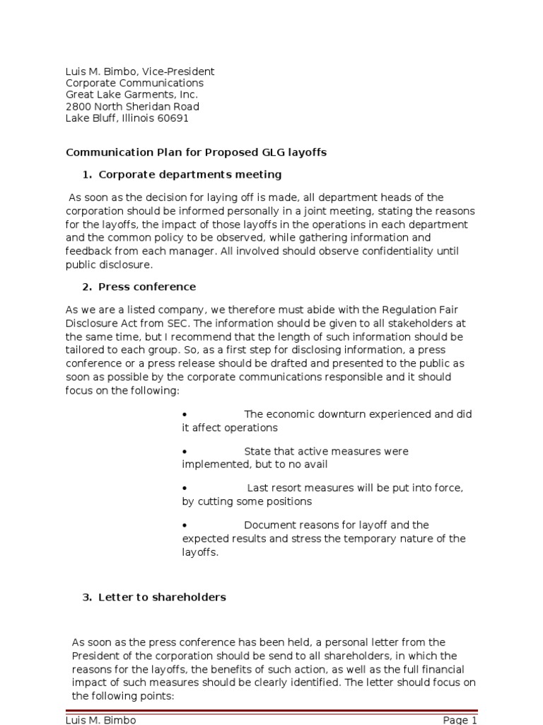 1a Communication Plan Memo PDF Layoff Employment