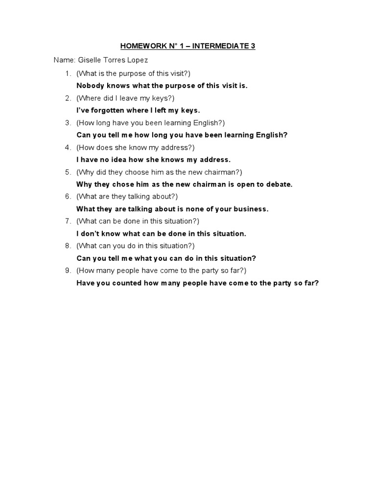 HOMEWORK N°1 - Intermediate 3 | PDF | Language Arts & Discipline | Self ...