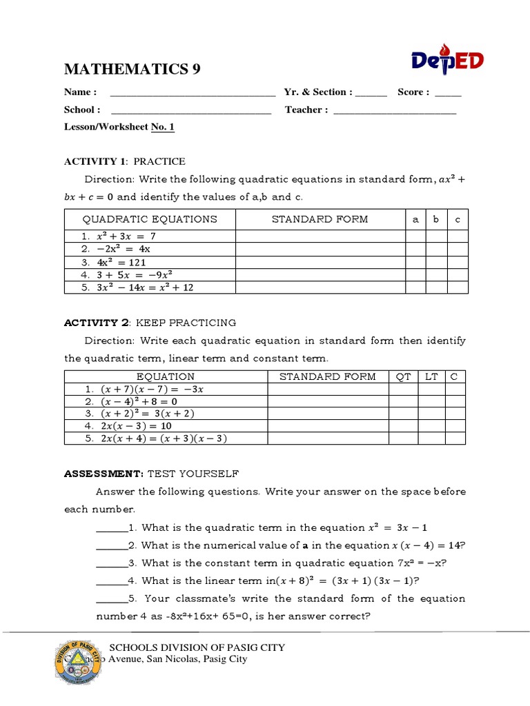Quadratic Equations Practice Worksheet | PDF | Art