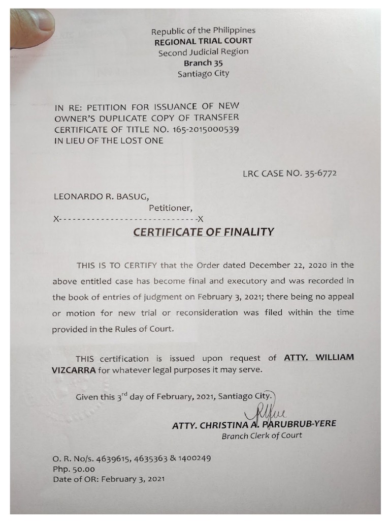 Entry of Judgement and Certificate of Finality PDF