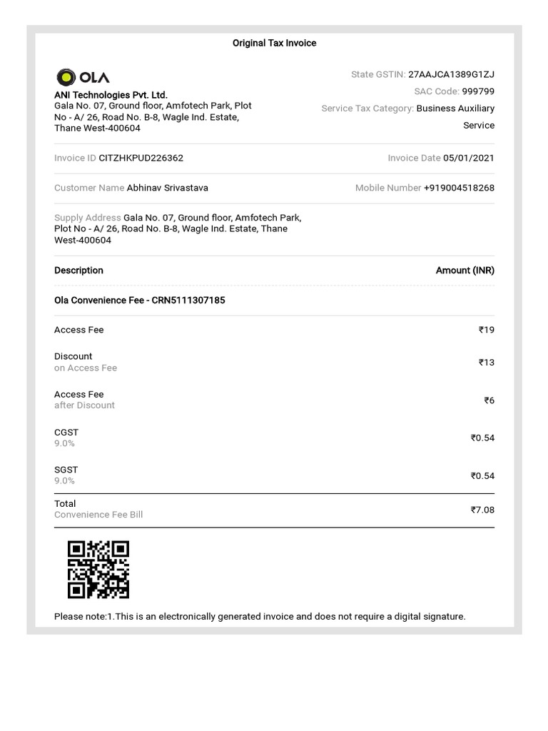 ANI Technologies Tax Invoice Details | PDF