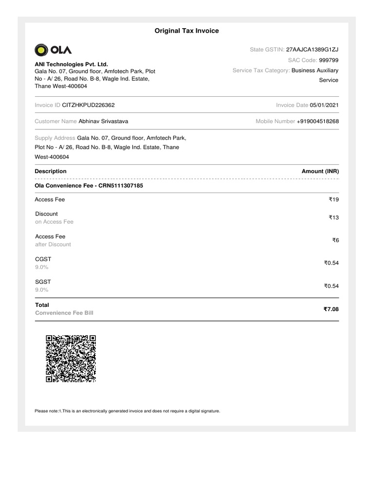 Ola Convenience Fee Invoice | PDF