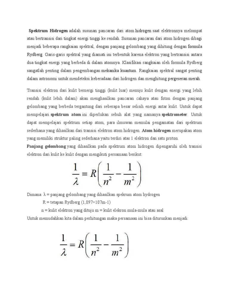 Spektrum Hidrogen: Transisi Elektron dan Formula Rydberg | PDF