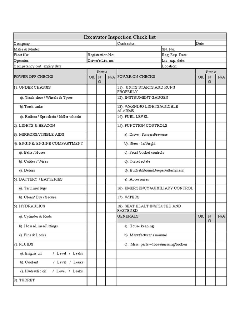 Excavator Daily Inspection Checklist | PDF | Vehicles | Car