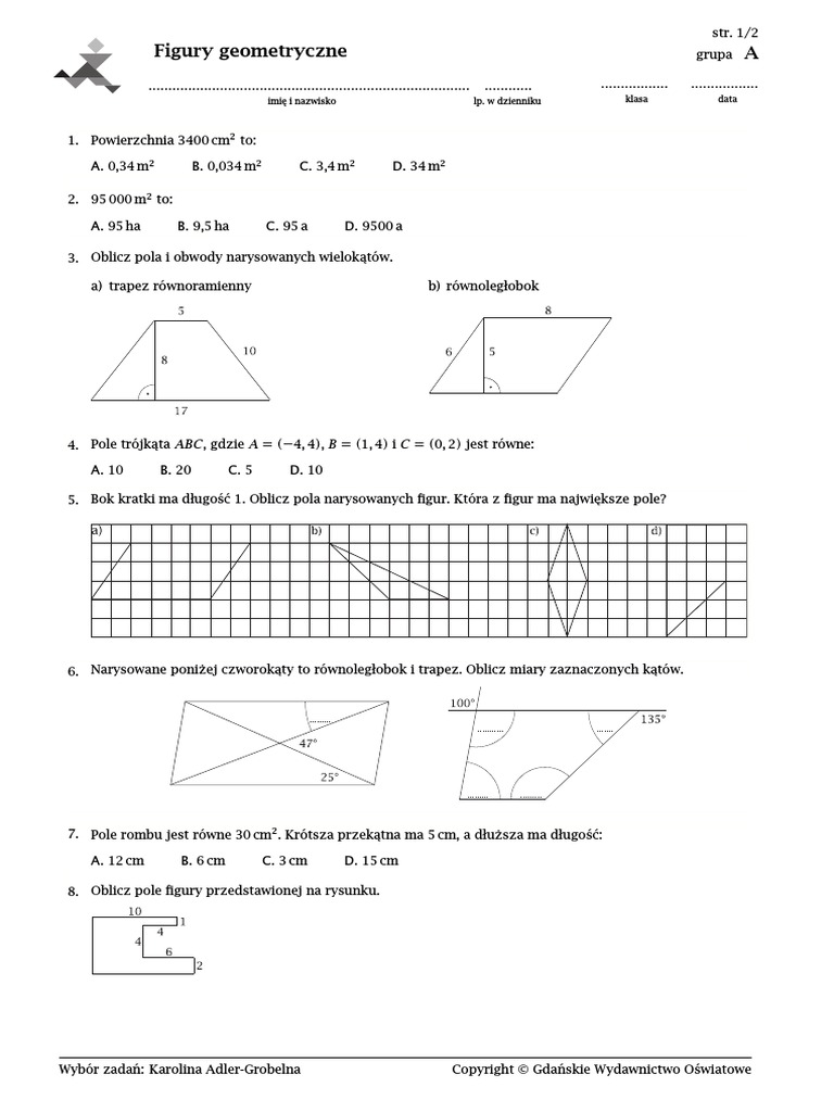 Sprawdzian Figury Geometryczne Klasa 7 Figury Geometryczne - Sprawdzian | PDF