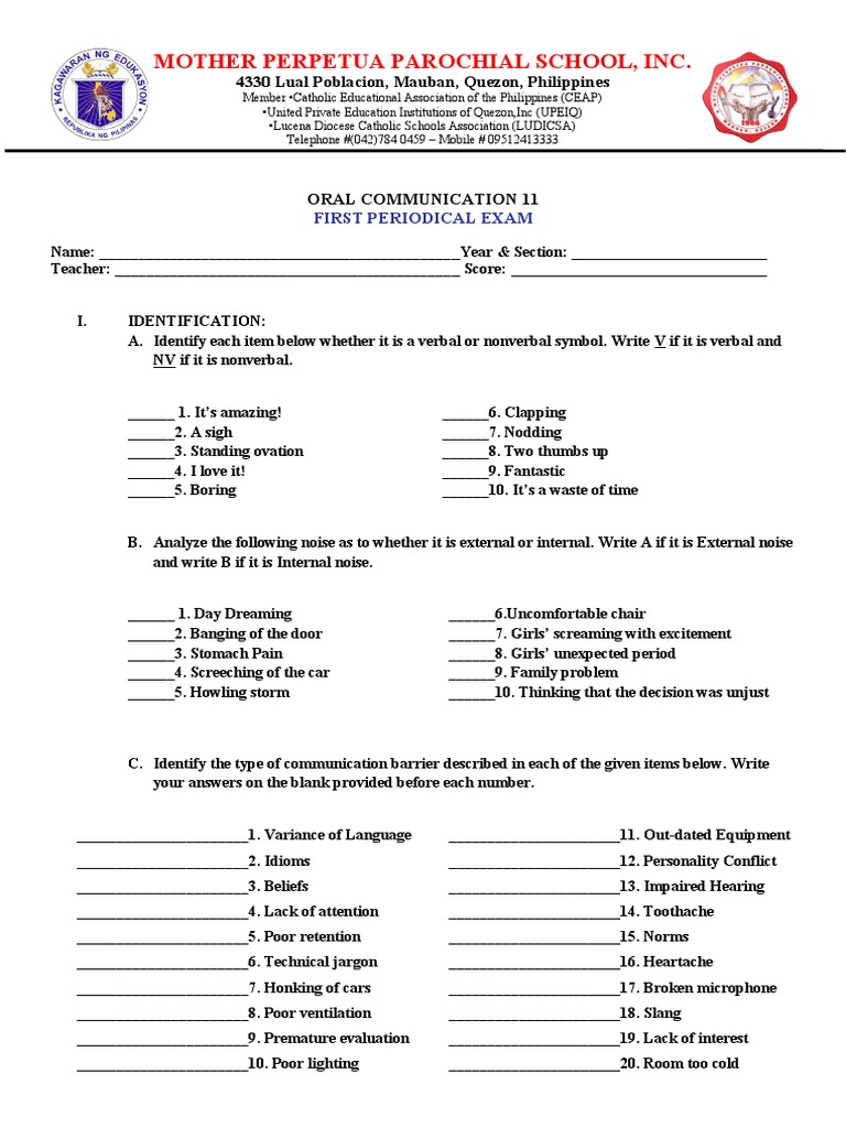 1st Quarterly Exam in Oral Communication | PDF | Communication ...