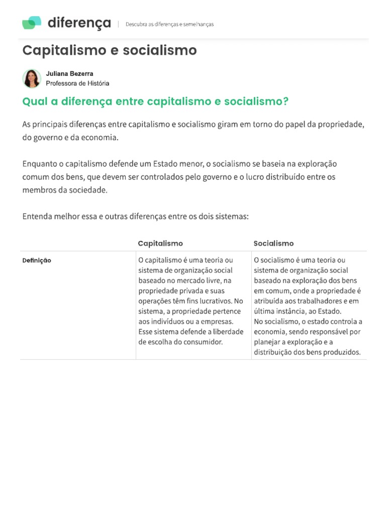 Principais Diferenças Entre Capitalismo e Socialismo - Diferença | PDF