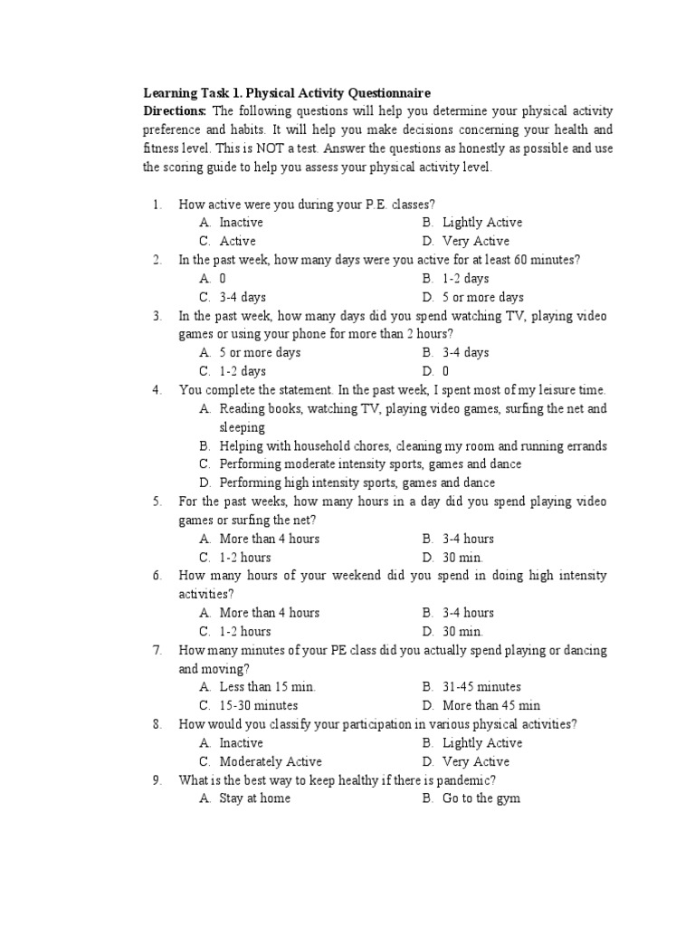 Learning Task 1. Physical Activity Questionnaire Directions The