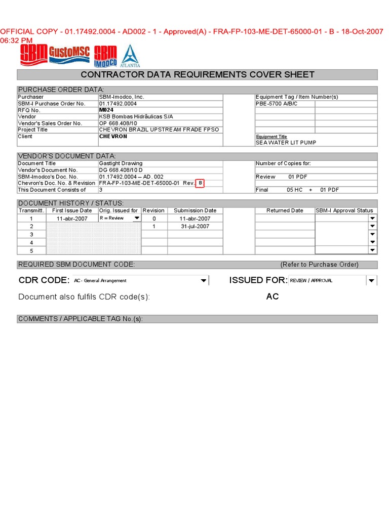 Chevron Brazil FPSO Pump Documentation | PDF