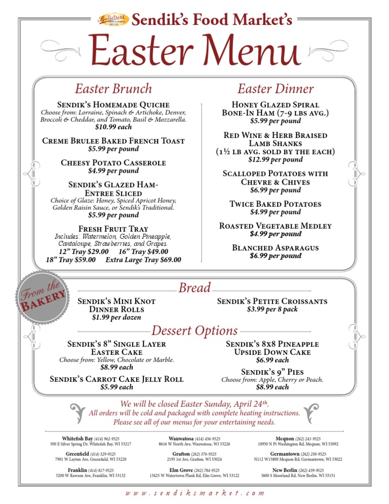 Sendik's Food Markets 2011 Easter Catering Menu PDF Cakes Western