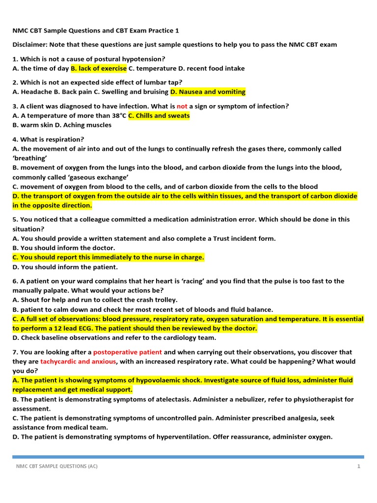 CBT Sample Q&A 1 NMC CBT Sample Questions (Ac) PDF Dementia