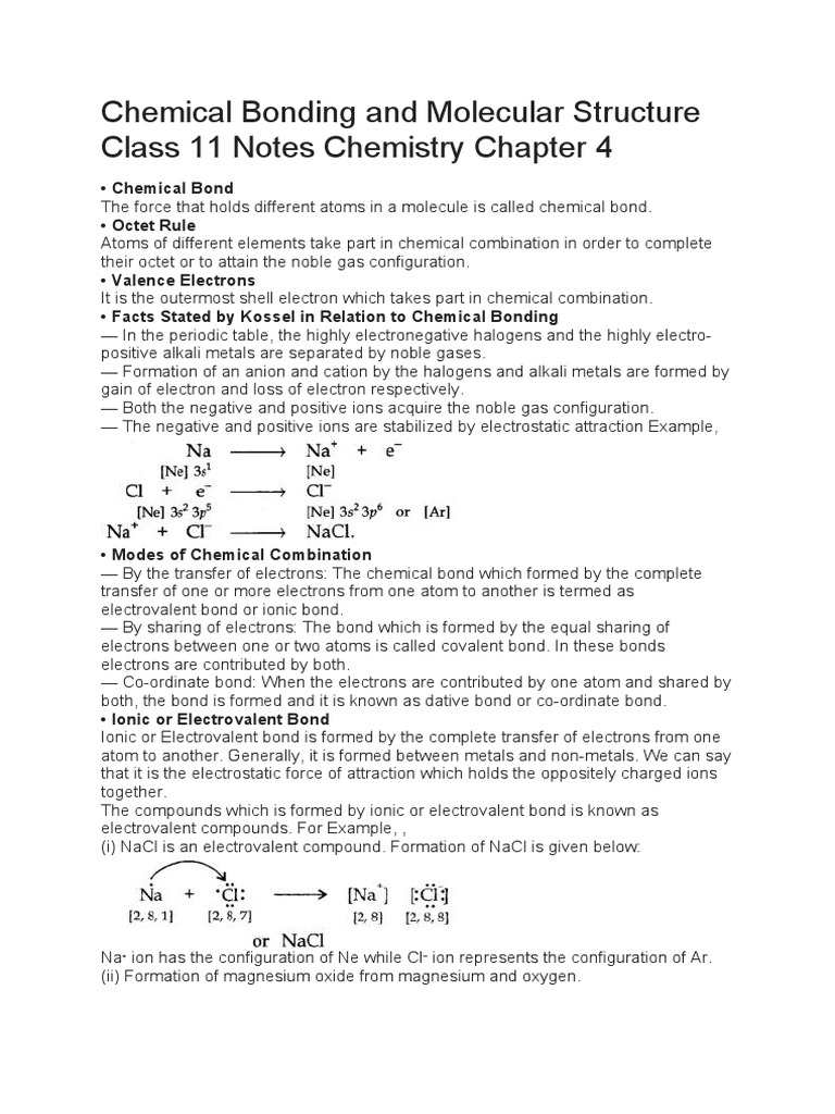Chemical Bonding and Molecular Structure Class 11 Notes Chemistry ...