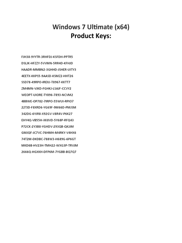 Windows 7 Ultimate 64 Bit Product Keys | PDF | Computers