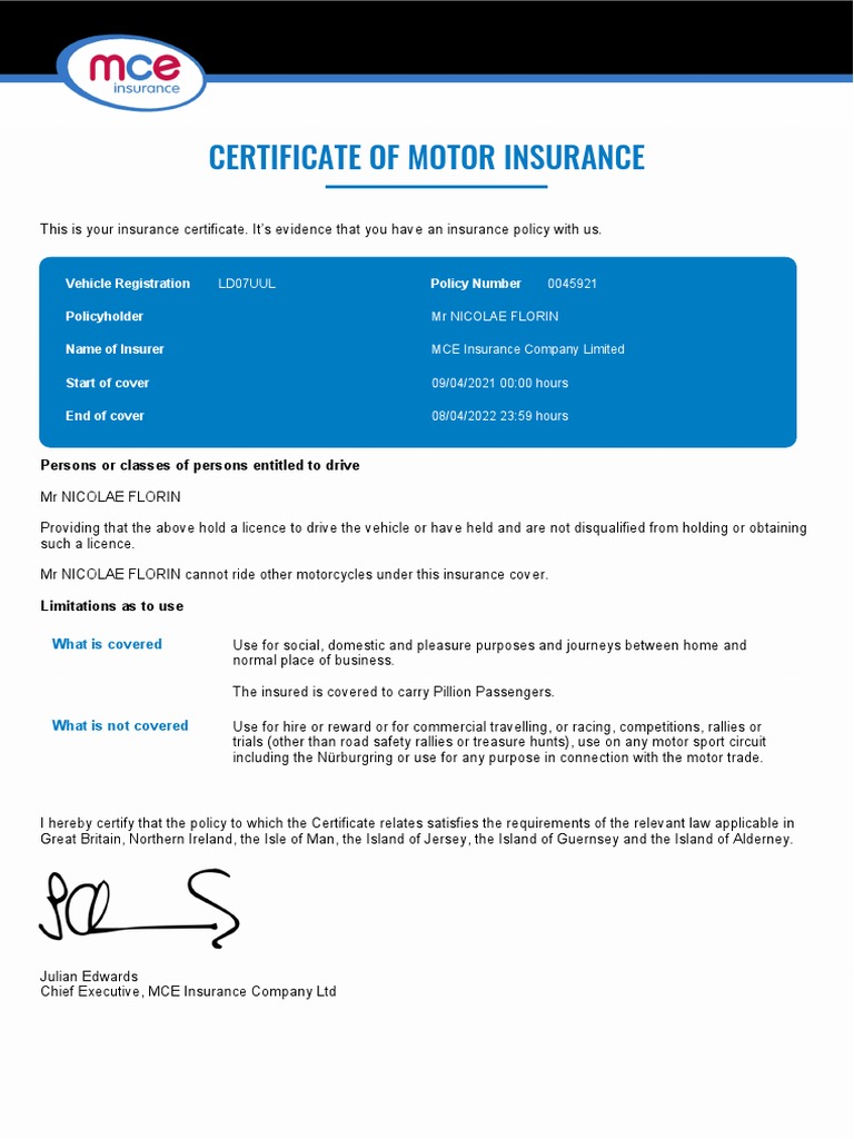 MCE Motor Insurance Certificate | PDF | Vehicle Insurance | Insurance