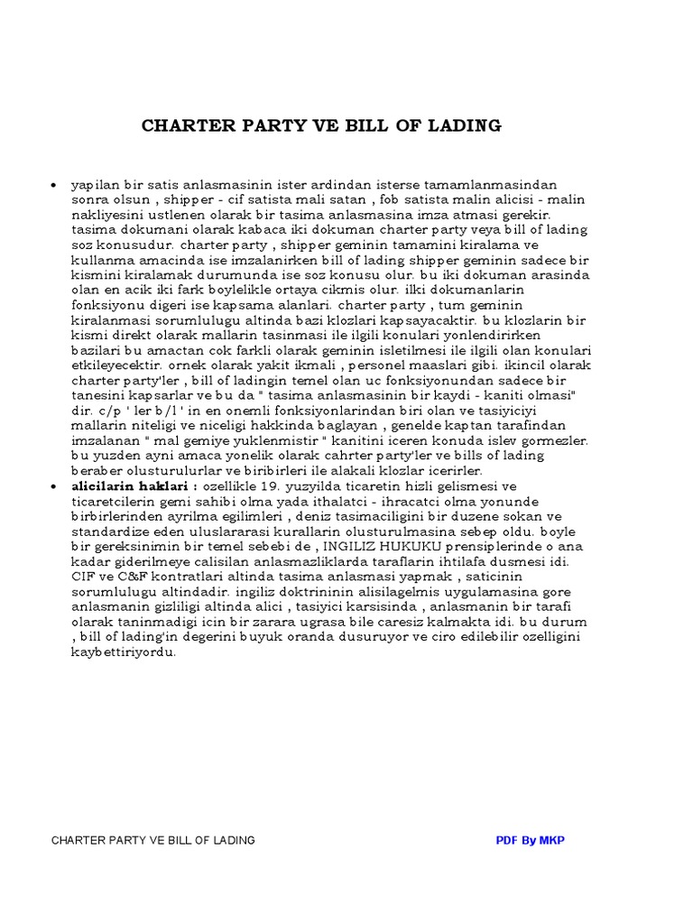 Charter Party Ve Bill of Lading Türkçe | PDF