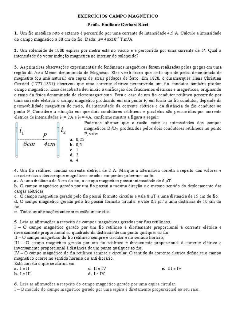 Exercícios sobre Campo Magnético | PDF | Magnetismo | Campo magnético