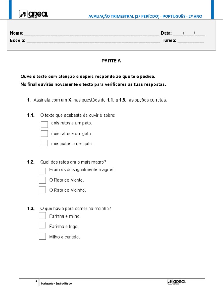 Avaliação Trimestral de Português 2º Ano | PDF