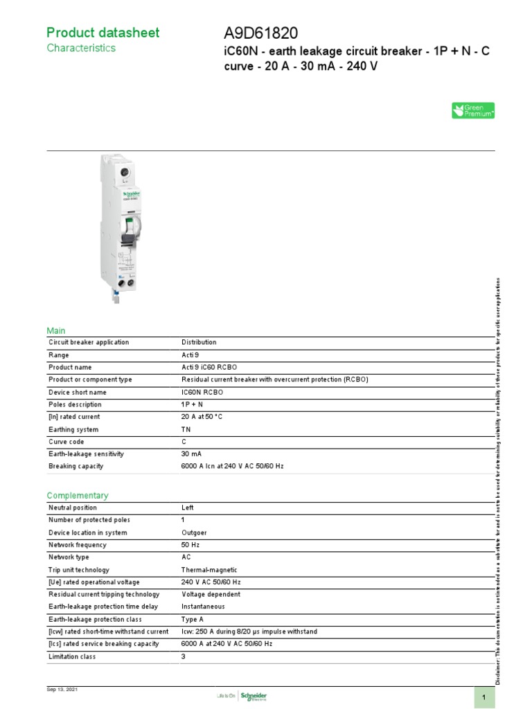 Schneider RCBO 20A 30mA Type C – Acti9 IC60H 1-Pole DIN Rail Safety Switch